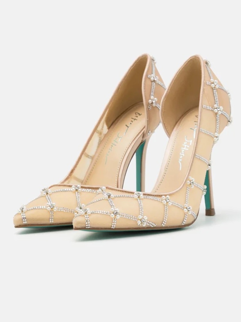 Blue by Betsey Johnson Cruze Mesh Embellished Rhinestone Pearl Pump Nude Heels